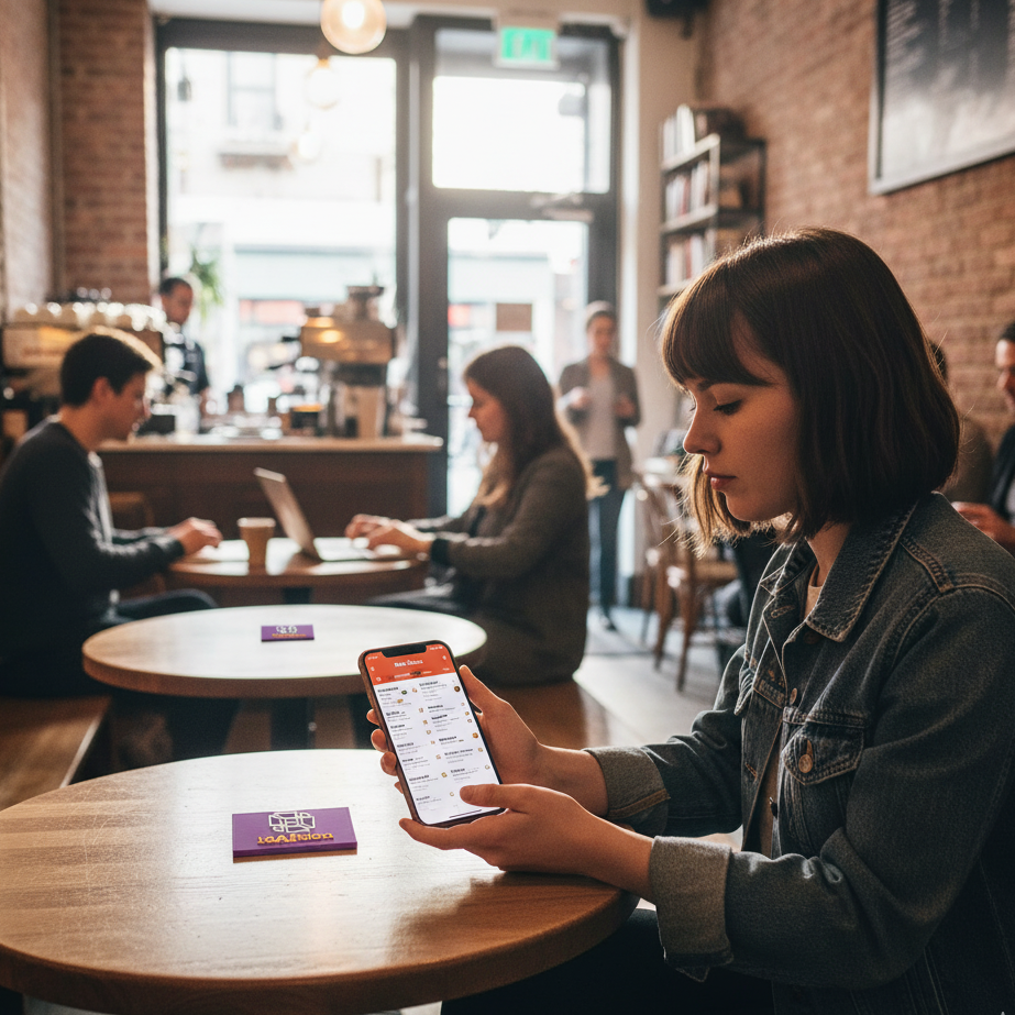Woman using a smartphone in a cafe with other patrons in the background