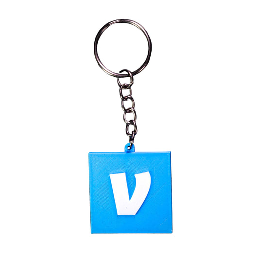 Blue keychain with a white 'V' on a black background. Venmo Logo