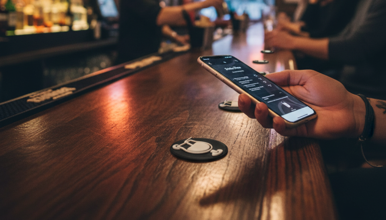 Person holding a smartphone with a bar counter and patrons in the background