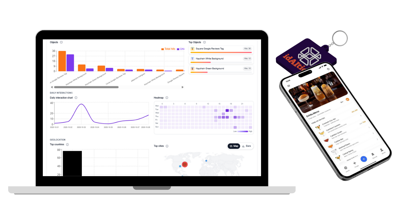 Laptop and smartphone displaying analytics and app interfaces on a white background