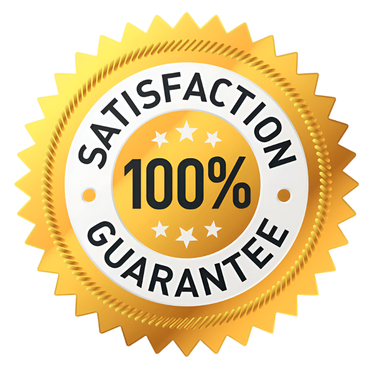 Gold and white 'Satisfaction 100% Guarantee' badge on a transparent background