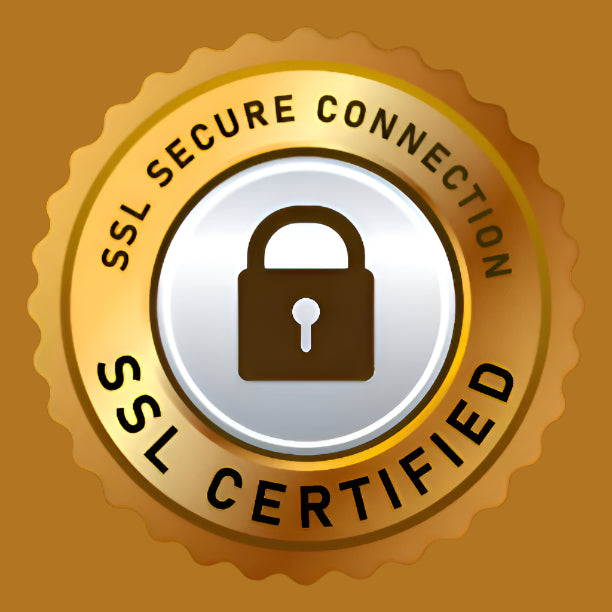 SSL Secure Connection certification badge with a gold border and lock icon.